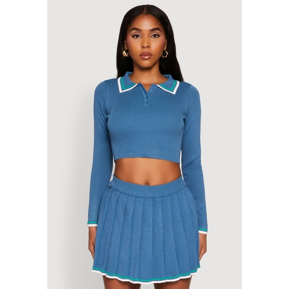 Womens Daisy Contrast Trim Cropped Long Sleeve Polo Shirt