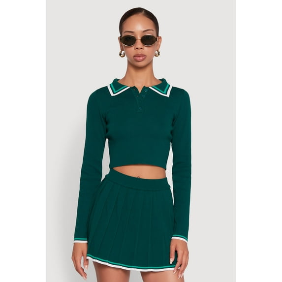 Womens Daisy Contrast Trim Cropped Long Sleeve Polo Shirt