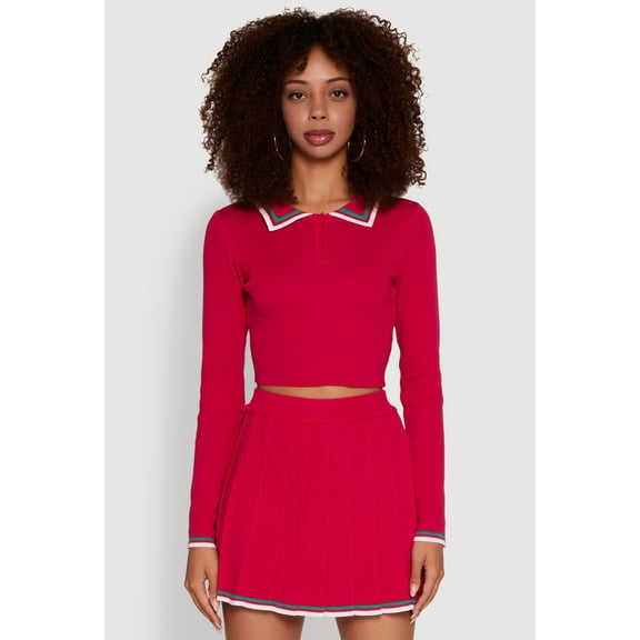 Womens Daisy Contrast Trim Cropped Long Sleeve Polo Shirt