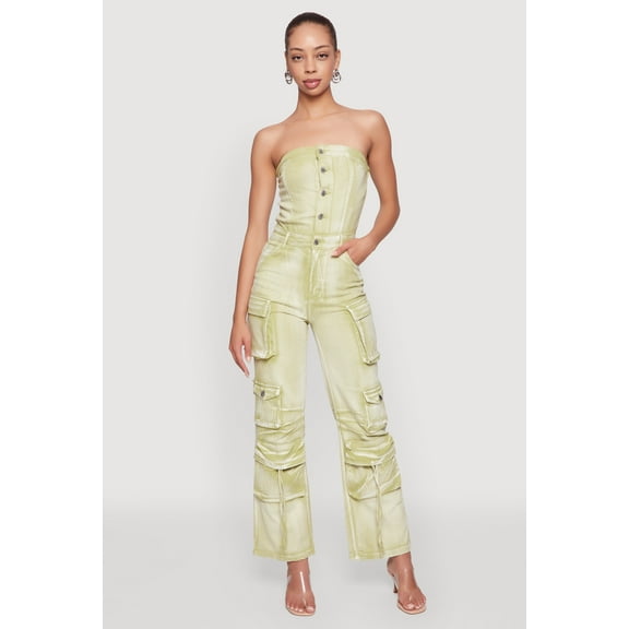 Womens Daisy Denim Strapless Flare Jumpsuit with Cargo Pockets
