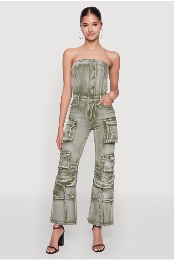 Womens Daisy Denim Strapless Flare Jumpsuit with Cargo Pockets