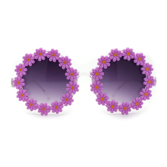 Womens Daisy Flower Trim Round Circle Lens Hippie Sunglasses Purple Smoke