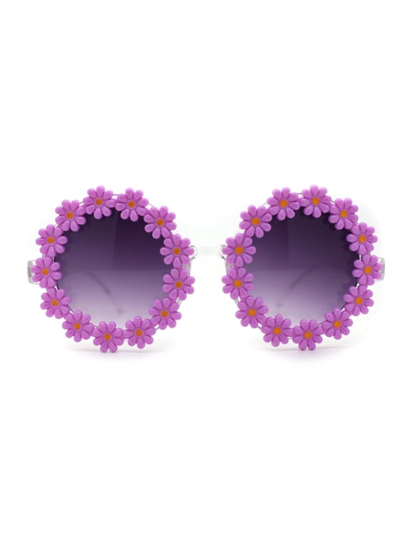 Womens Daisy Flower Trim Round Circle Lens Hippie Sunglasses Purple Smoke