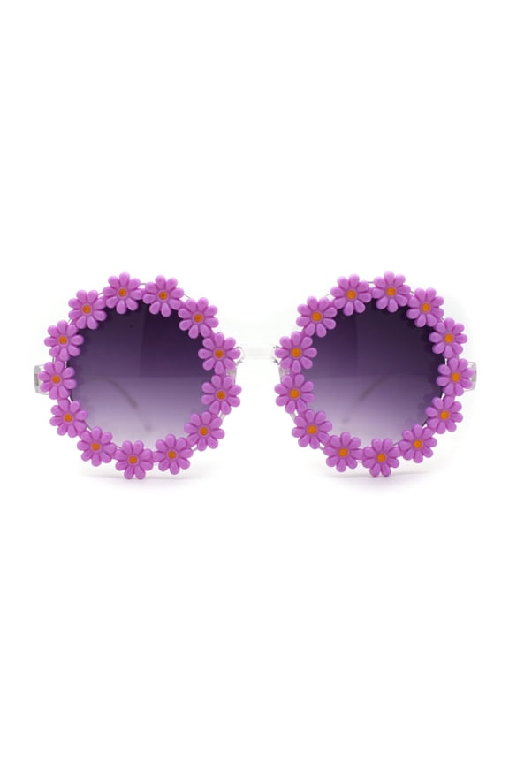 Womens Daisy Flower Trim Round Circle Lens Hippie Sunglasses Purple Smoke