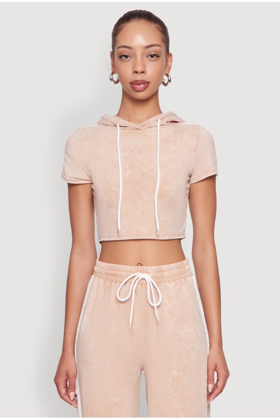 Womens Daisy Mineral Wash Varsity Stripe Hooded Crop Top