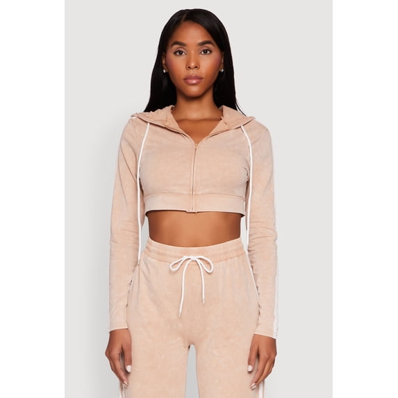 Womens Daisy Mineral Wash Zip Front Cropped Hoodie