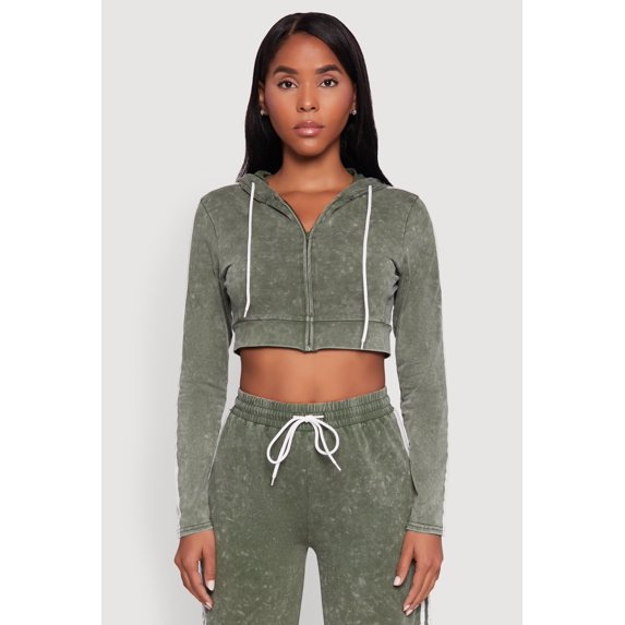 Womens Daisy Mineral Wash Zip Front Cropped Hoodie