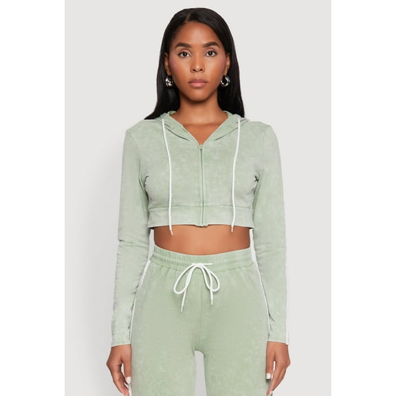 Womens Daisy Mineral Wash Zip Front Cropped Hoodie