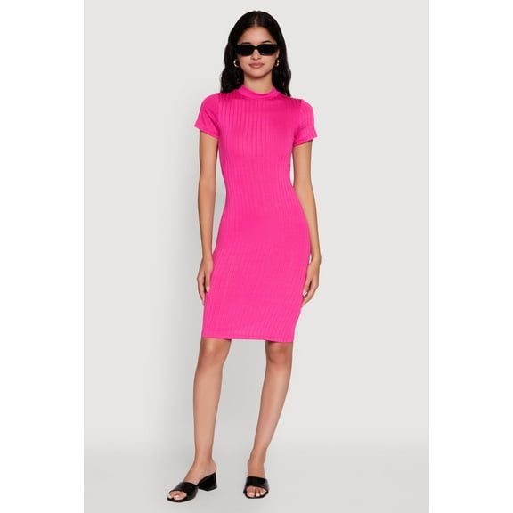 Womens Daisy Rib Knit Mock Neck T Shirt Dress