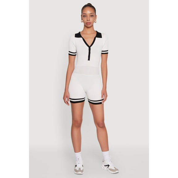 Womens Daisy Ribbed Knit Varsity Stripe Button Front Romper