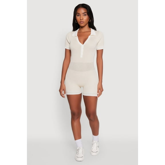 Womens Daisy Ribbed Knit Varsity Stripe Button Front Romper