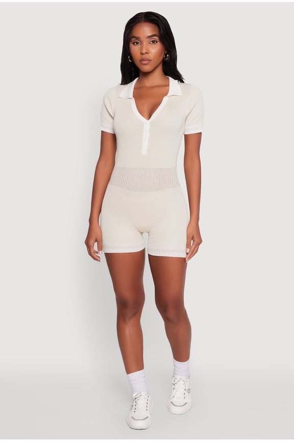 Womens Daisy Ribbed Knit Varsity Stripe Button Front Romper