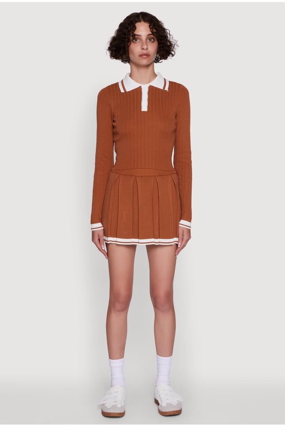 Womens Daisy Ribbed Knit Varsity Stripe Polo Top