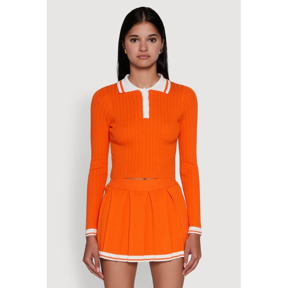 Womens Daisy Ribbed Knit Varsity Stripe Polo Top