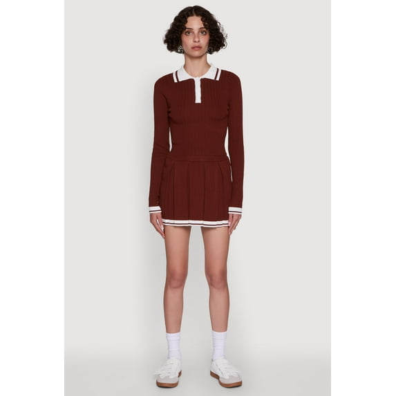 Womens Daisy Ribbed Knit Varsity Stripe Polo Top