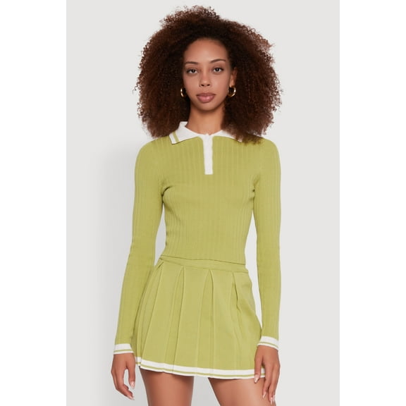 Womens Daisy Ribbed Knit Varsity Stripe Polo Top