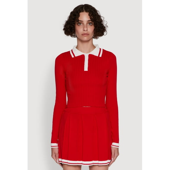 Womens Daisy Ribbed Knit Varsity Stripe Polo Top