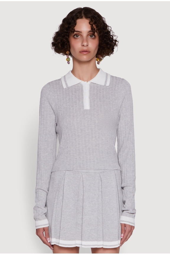 Womens Daisy Ribbed Knit Varsity Stripe Polo Top