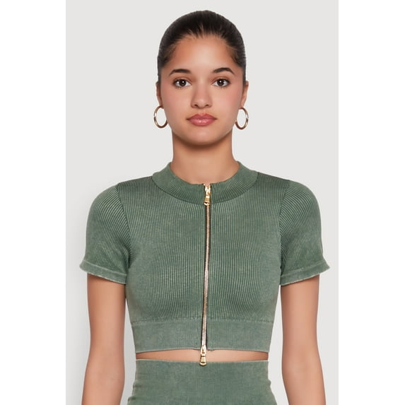 Womens Daisy Seamless Double Zip Front Crop Top
