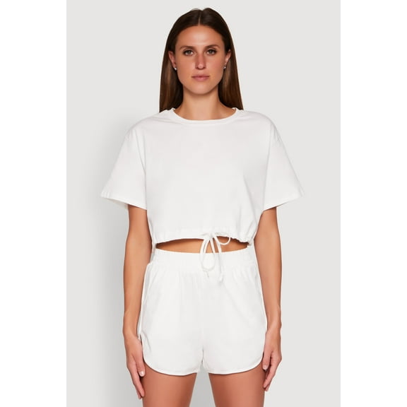 Womens Daisy Short Sleeve Drawstring Hem Crop Top