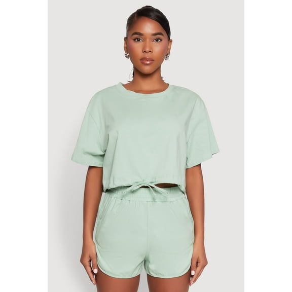 Womens Daisy Short Sleeve Drawstring Hem Crop Top