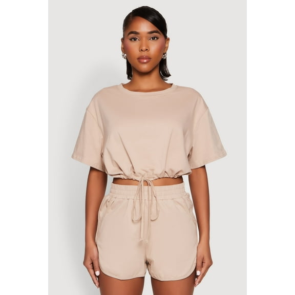 Womens Daisy Short Sleeve Drawstring Hem Crop Top