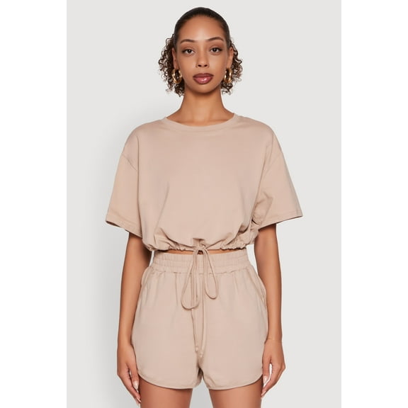 Womens Daisy Short Sleeve Drawstring Hem Crop Top