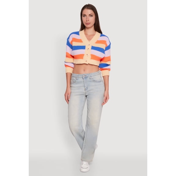 Womens Daisy Striped V-Neck Button Front Cropped Cardigan