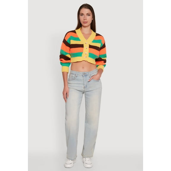 Womens Daisy Striped V-Neck Button Front Cropped Cardigan