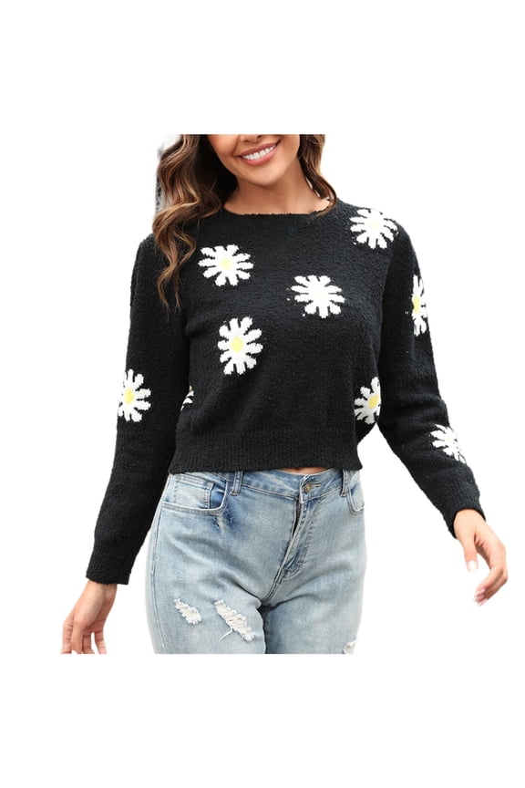 Womens Daisy Sweater Cropped Sweaters Fall Winter Long Sleeve Pullover Loose Fit Pullover Knit Tops Cute Jumpers, Black (Medium)