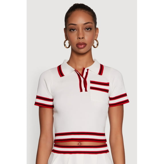 Womens Daisy Varsity Stripe Trim Cropped Polo Shirt