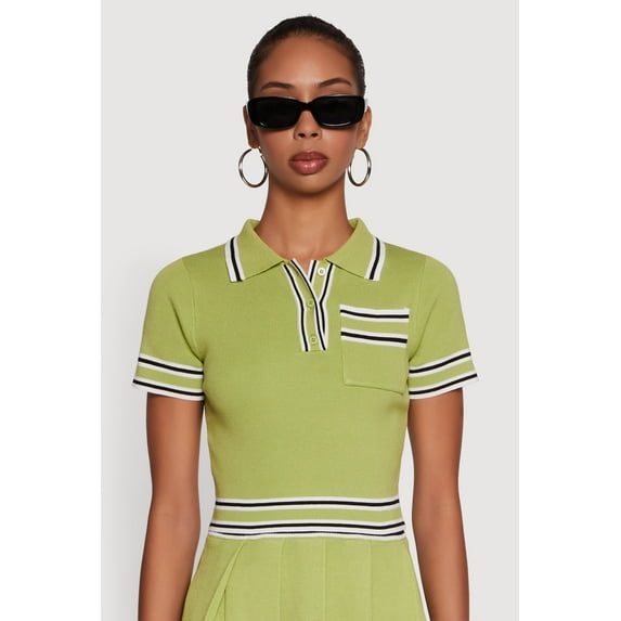 Womens Daisy Varsity Stripe Trim Cropped Polo Shirt
