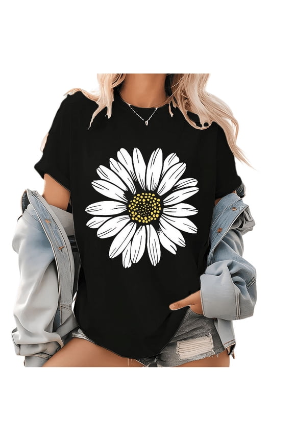 Womens Daisy Wildflower Graphic Tees Flower Spring Break Pattern Tops Casual T Shirts for Daily Outfits Black,S