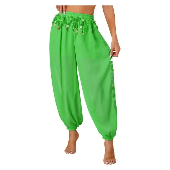 Womens Dancewear Belly Dance Stage Performance Costume Side Split Sequins Bloomers Semi See-Though Loose Pants
