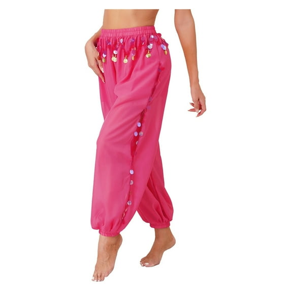 Womens Dancewear Belly Dance Stage Performance Costume Side Split Sequins Bloomers Semi See-Though Loose Pants