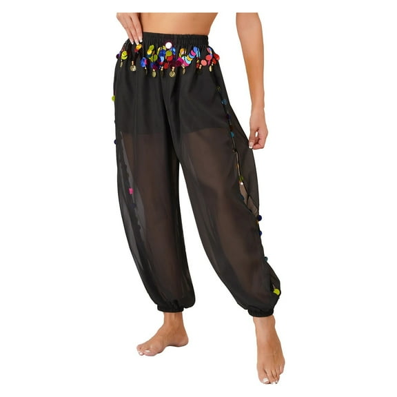 Womens Dancewear Belly Dance Stage Performance Costume Side Split Sequins Bloomers Semi See-Though Loose Pants