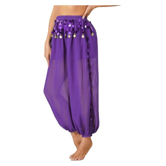 Womens Dancewear Belly Dance Stage Performance Costume Side Split Sequins Bloomers Semi See-Though Loose Pants