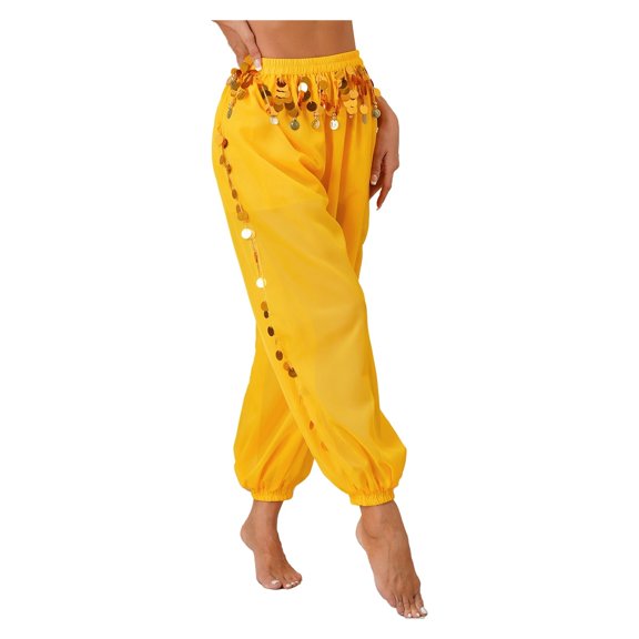Womens Dancewear Belly Dance Stage Performance Costume Side Split Sequins Bloomers Semi See-Though Loose Pants