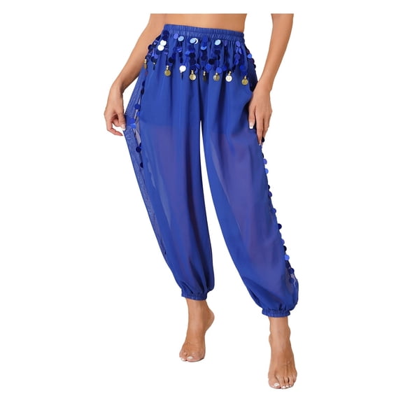 Womens Dancewear Belly Dance Stage Performance Costume Side Split Sequins Bloomers Semi See-Though Loose Pants