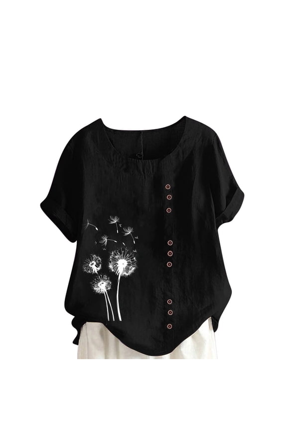 Womens Floral Printed Shirt Short Sleeve Comfortable Blouses Plus Size Crewneck Decorative Buttons Peasant Top