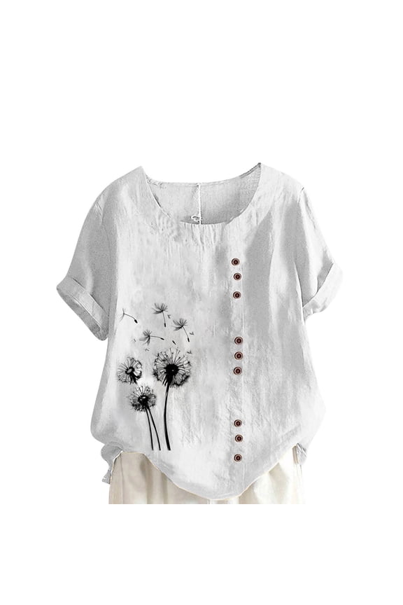 Womens Floral Printed Shirt Short Sleeve Comfortable Blouses Plus Size Crewneck Decorative Buttons Peasant Top