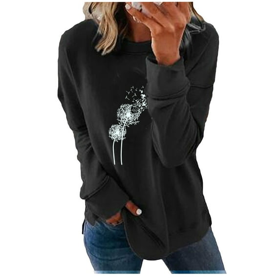 Womens Dandelion Printed Sweatshirt Long Sleeve Crewneck Pullover Tops Casual Loose Fit Tunic All-Match Clothing