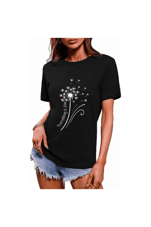 Womens Dandelion Printed T-Shirts Cute Graphic Tee Casual Summer Shirts Loose Crewneck Tshirt