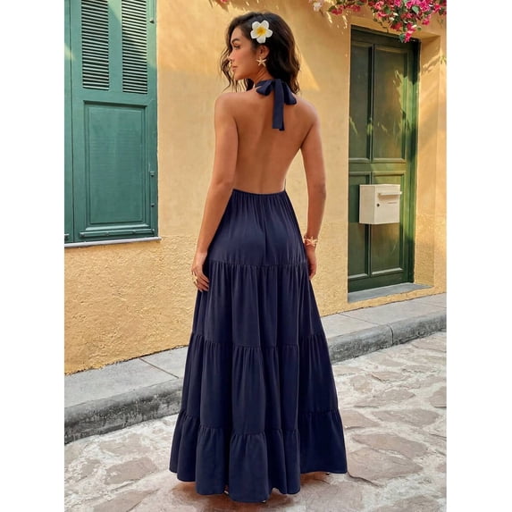 Womens Dark Blue Halter Maxi Dress Deep V-Neck Ruffle Hem Summer Vacation