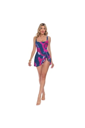 Womens Dark Blue Python Pattern Print 2-in-1 Swim Dress Detachable Skirt One-Piece Swimsuit Square Neck S-XXL