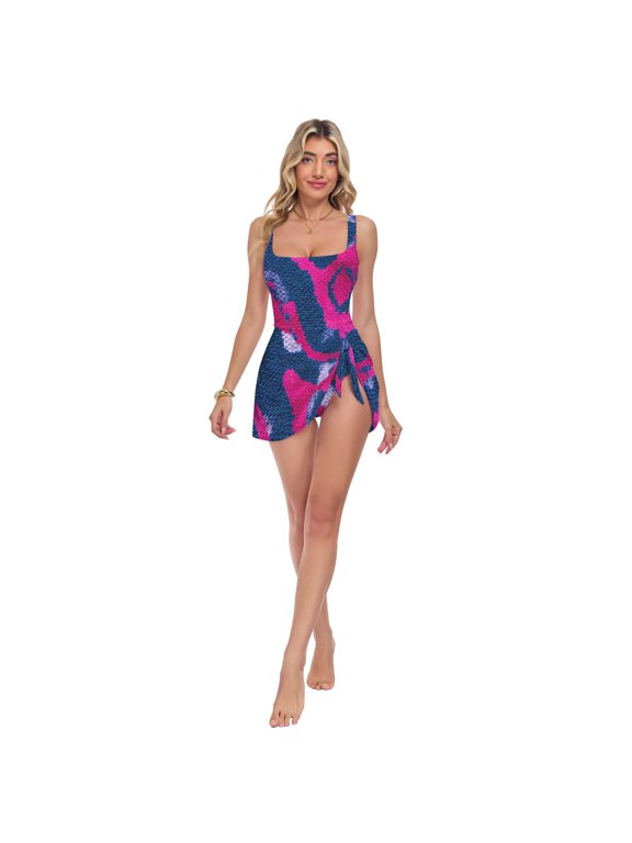 Womens Dark Blue Python Pattern Print 2-in-1 Swim Dress Detachable Skirt One-Piece Swimsuit Square Neck S-XXL