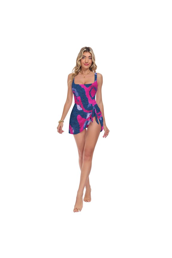 Womens Dark Blue Python Pattern Print 2-in-1 Swim Dress Detachable Skirt One-Piece Swimsuit Square Neck S-XXL