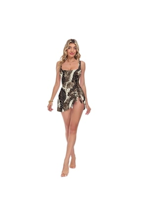 Womens Dark Brown Python Pattern Print 2-in-1 Swim Dress Detachable Skirt One-Piece Swimsuit Square Neck S-XXL