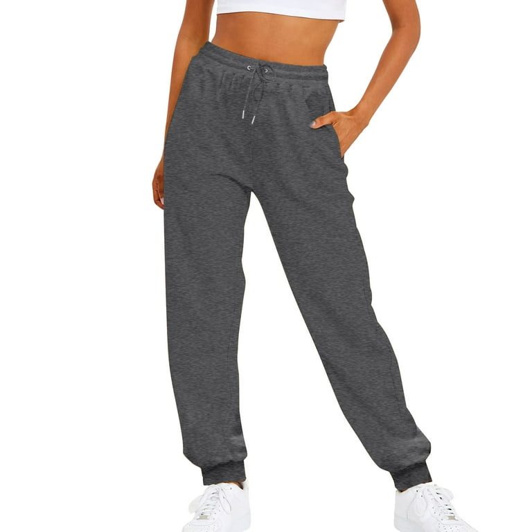 Womens Elastic Waist Sweatpants Plain Long Regular Fit Dark Grey XS