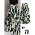thumbnail image 1 of Womens Dark Green Leaf Print High Waist A-Line Maxi Skirt, Flowing Summer Holiday Skirt, 1 of 8